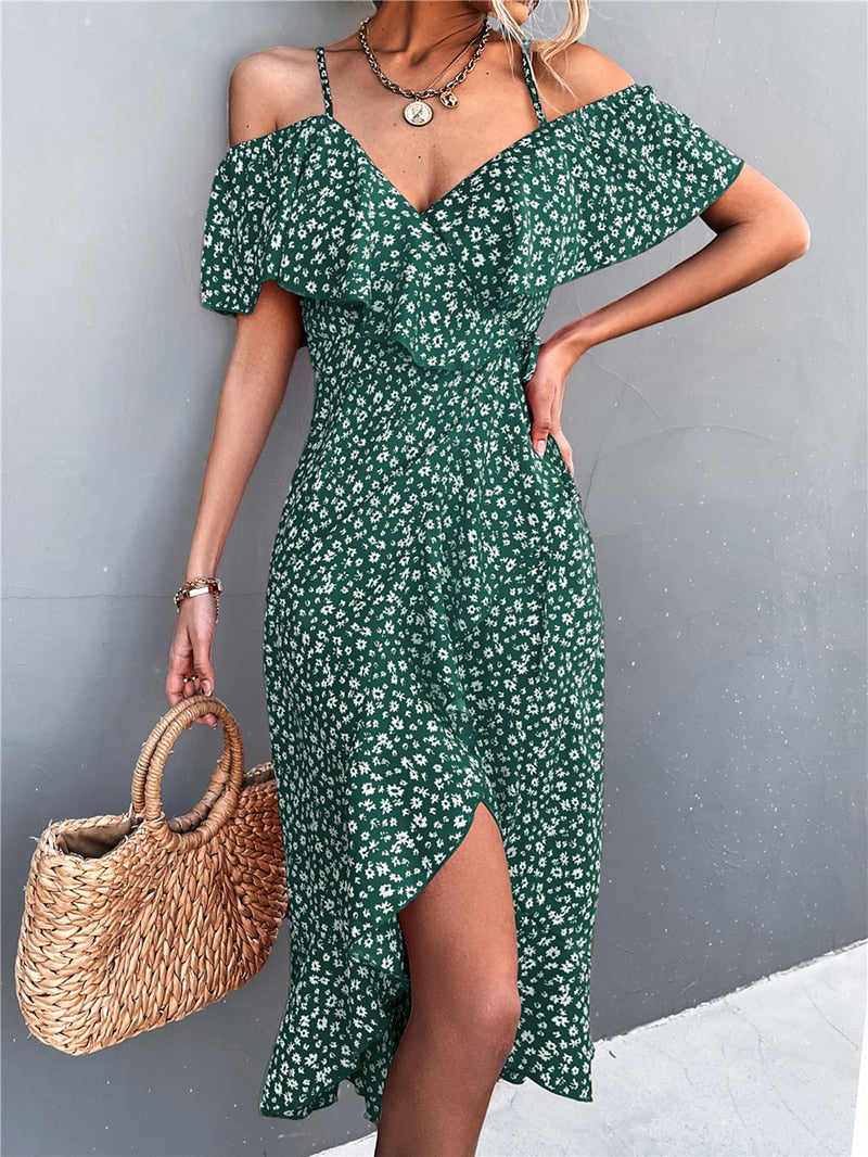 WAYOFLOVE Ladies Spring Summer Sexy Straps Dress Women Green Off Shoulder Ruffles Casual Beach Dresses Female Floral Print Dress - sepolia shop