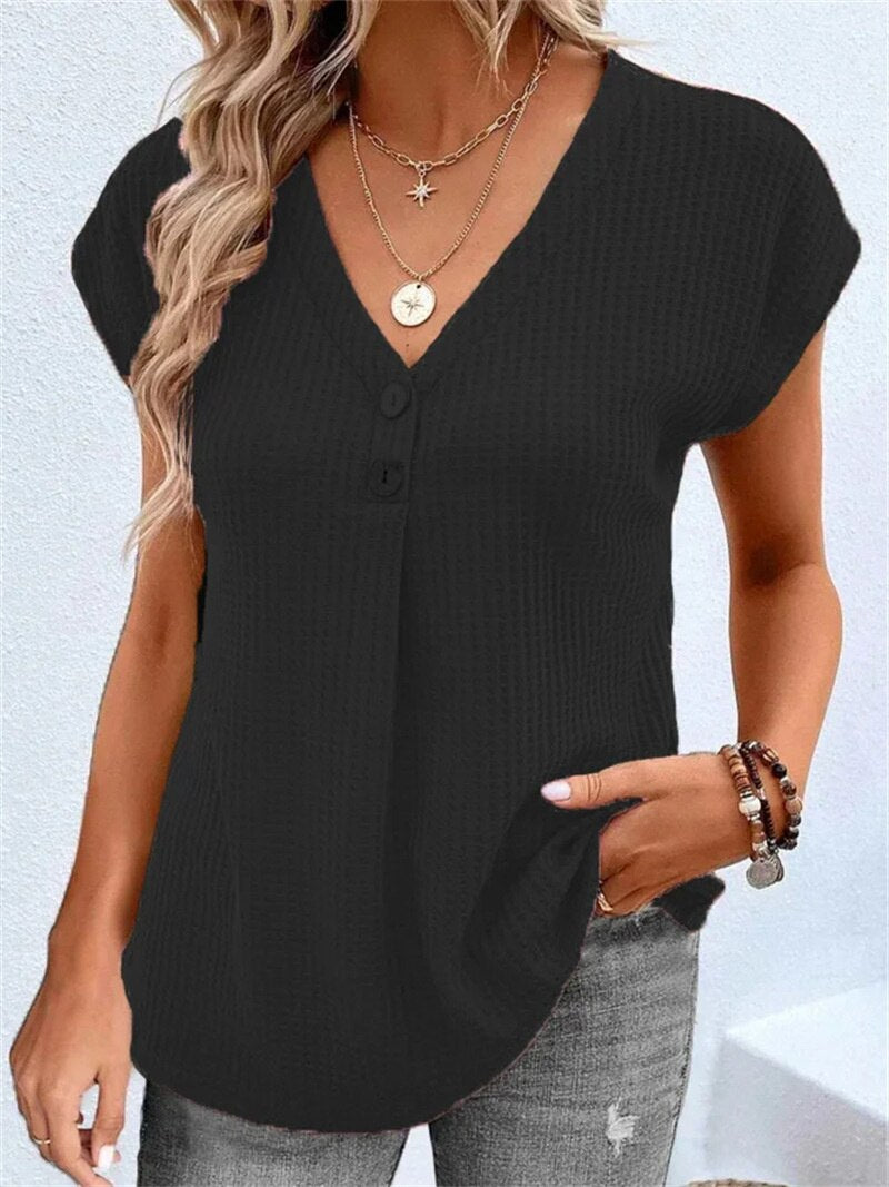 Summer Loose Button Decoration V Neck T-Shirt Female Fashion Bat Short Sleeve Casual Tops Women&#39;s Korean Version Waffle Tees New - sepolia shop