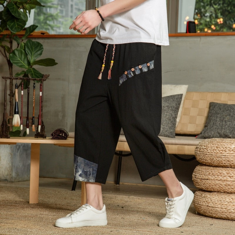 Japanese Cotton Linen Harem Pants Men Summer Breathable Linen Cropped Pants for Men Casual Elastic Waist Fitness Pants - sepolia shop