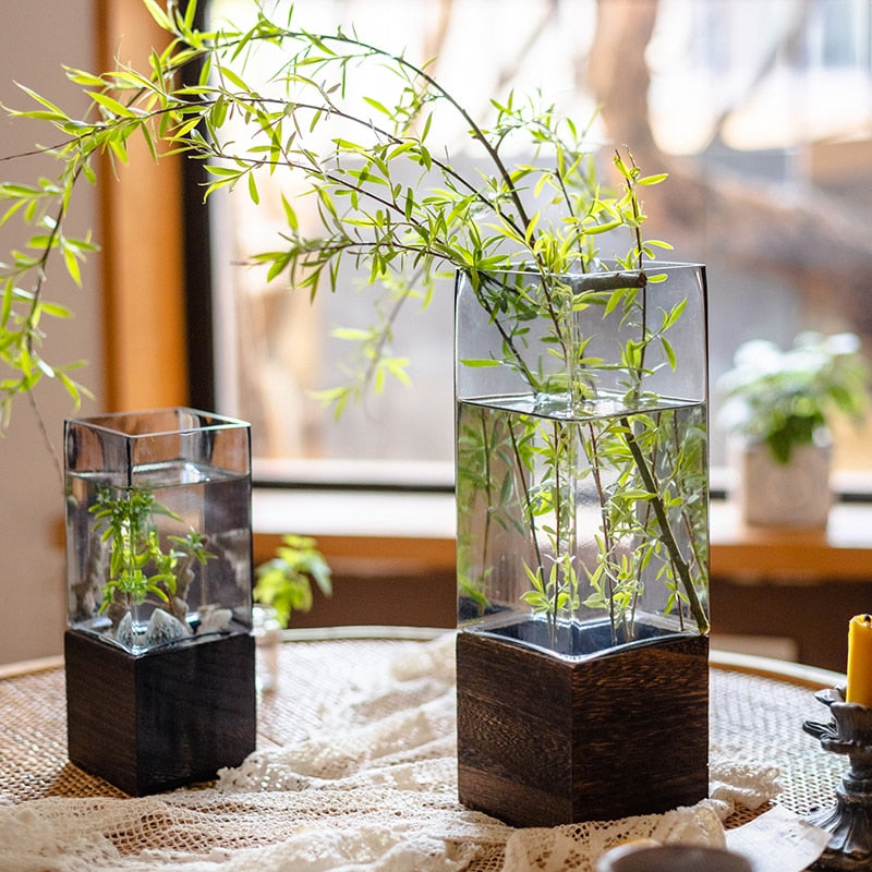 Nordic Glass Vase with Wooden Base for Hydroponic Flowers - sepolia shop
