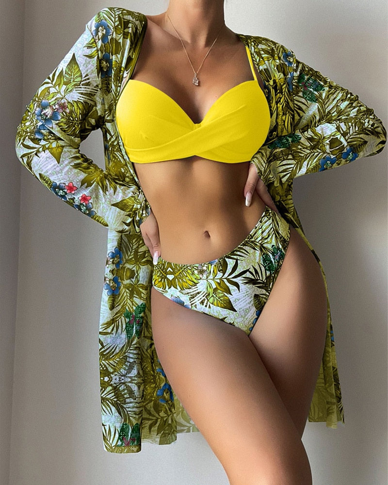 Green Floral Print Bikinis Sets Three pieces Swimsuits - sepolia shop