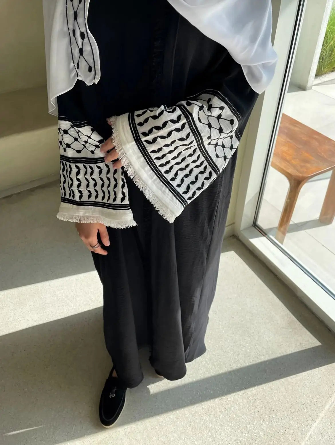 Palestinian Soft Crepe Embroidery Muslim Keffiyeh Abaya