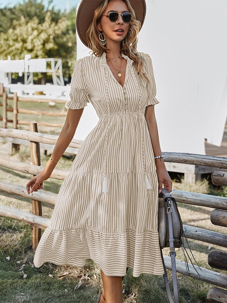 Msfilia Spring Women&#39;s  Striped Dress Causal Short Sleeve Tassel Medium Long Summer V Neck Button Dresses For Female - sepolia shop