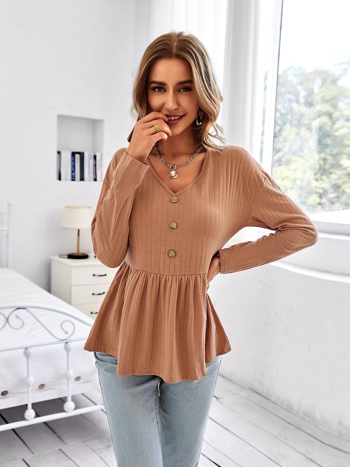 2022 New Women Autumn V Neck Solid Color Long Sleeve Simple Loose All Match Blouses Tops For Ladies Fashion - sepolia shop
