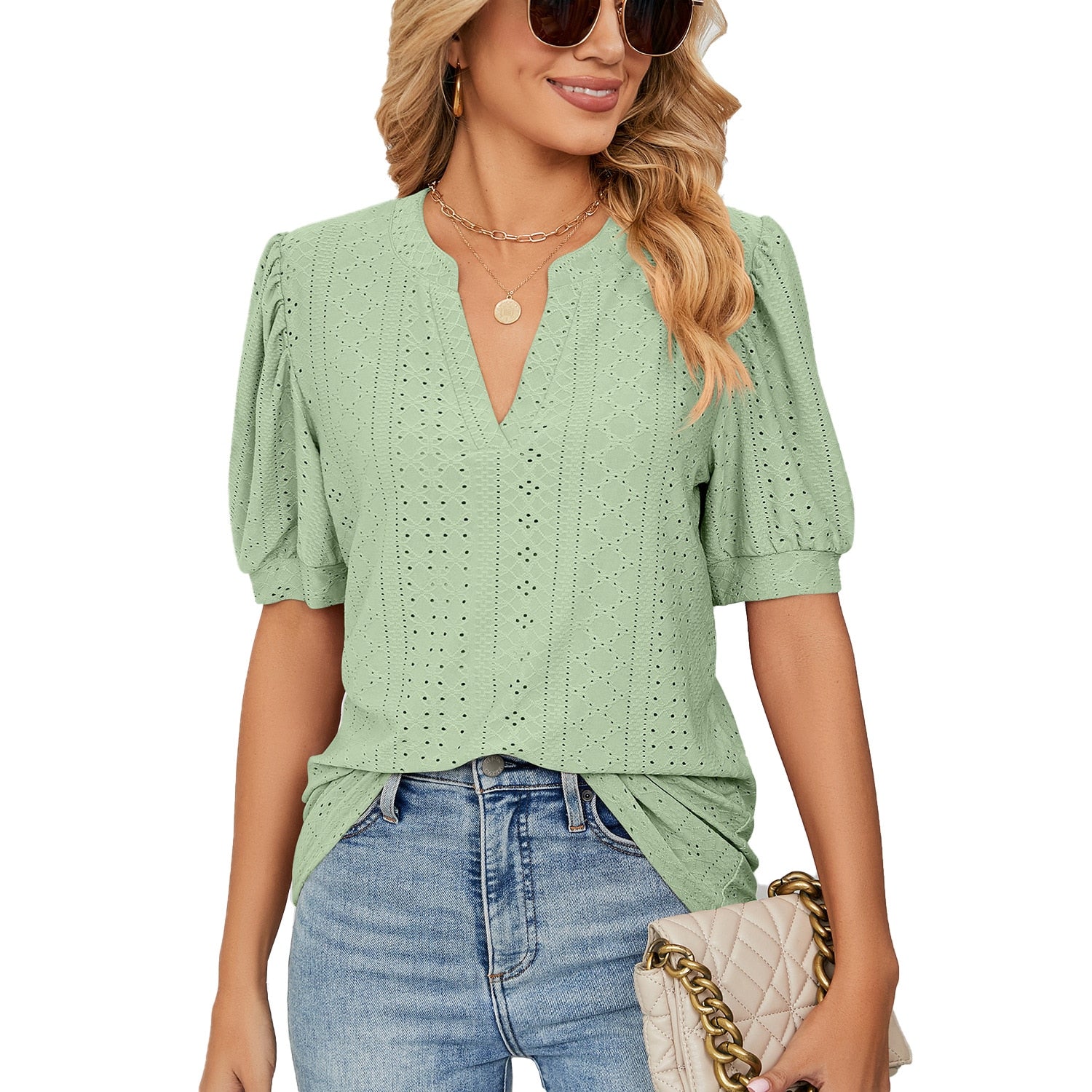 Solid Elegant V-Neck Loose Blouses For Women - sepolia shop