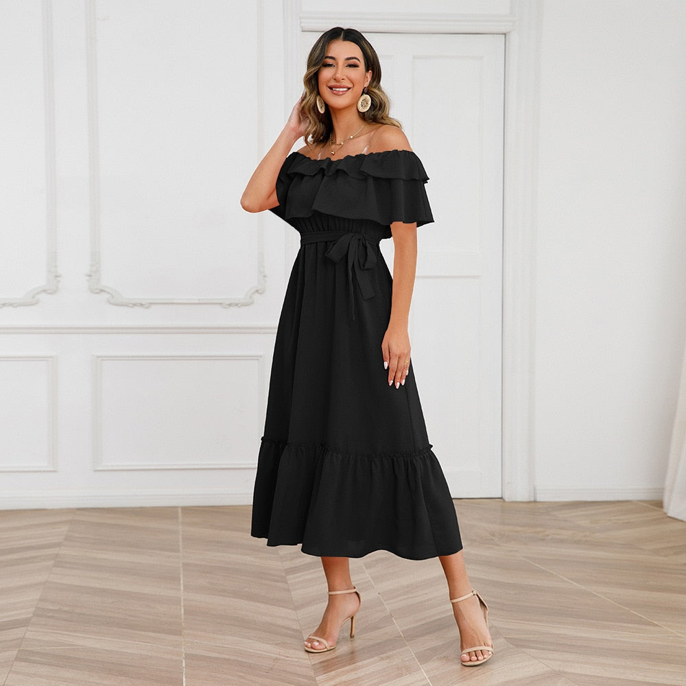 M 2023 Summer Solid Color Color Sexy One Line Neck Off Shoulder Long Dress For Women Fashion Beach Dresses - sepolia shop