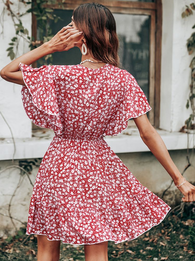 Msfilia V Neck Ruffle Sleeve Swing Floral Print Women's Dress Spring Summer Red Ladies Short Dress - sepolia shop