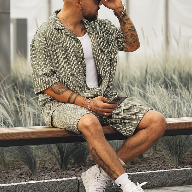 Vintage Men's Clothing Two Piece Suit Sportswear Summer Casual 2023 Fashion Button-up Lapel Shirts And Shorts Set Men Streetwear - sepolia shop