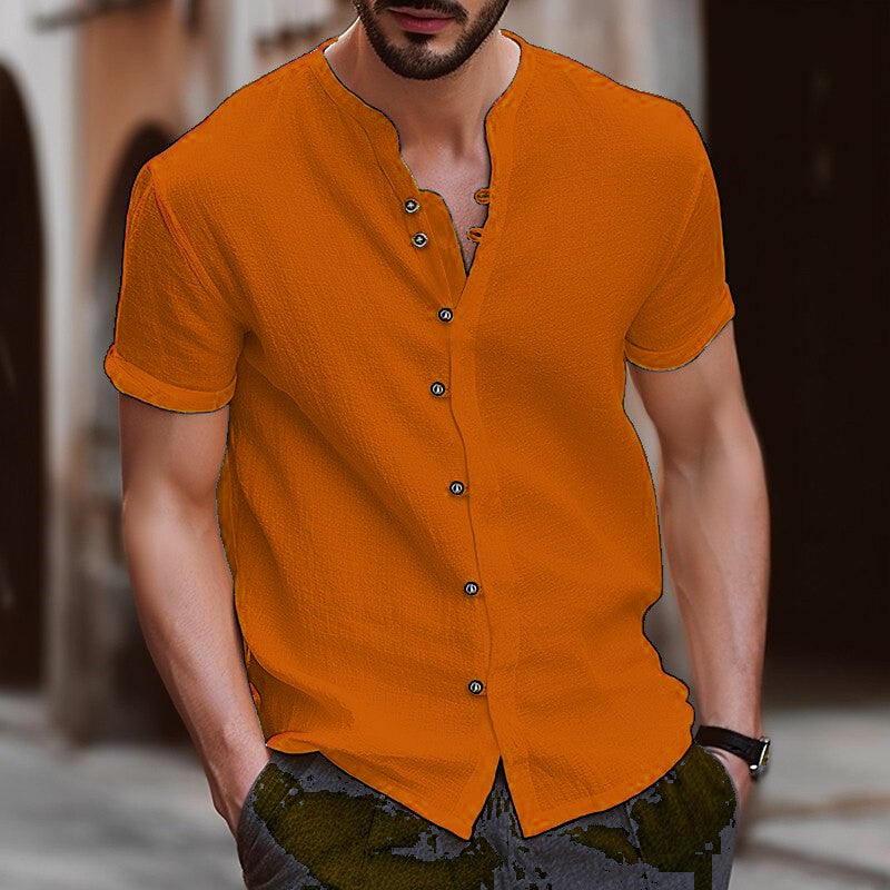 Retro Style Summer Men&#39;s Casual Cotton Linen Shirt Mock Neck Solid V-Neck Short Sleeve Loose Top Handsome Shirt US Size - sepolia shop
