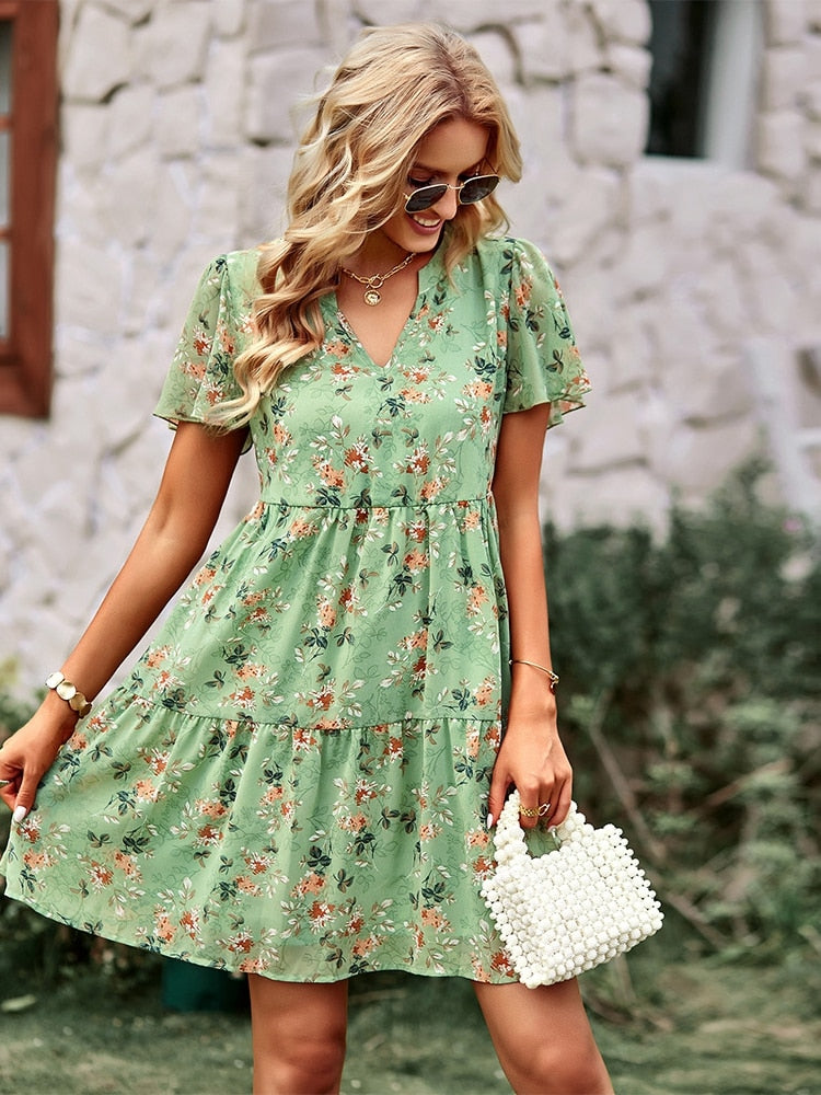 Msfilia Fashion Floral Dress Women Spring Autumn V Neck Short Sleeve Loose Chic Printed Dresses - sepolia shop