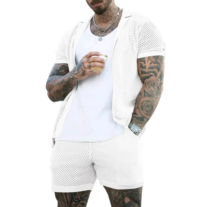 New Men's Summer Shirt Suit Casual Breathable Solid Color Short Sleeve Shirt Beach Shorts Fashion Hollow Men Mesh Set - sepolia shop