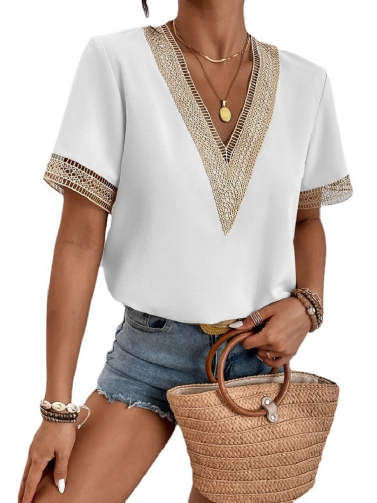 Hollow Out V-Neck Summer Blouse - sepolia shop