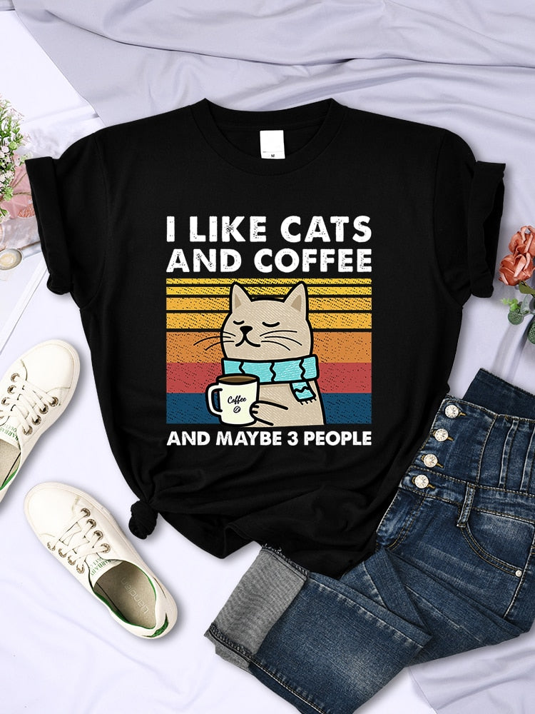 I Like Cats And Coffee Printed T Shirt - sepolia shop