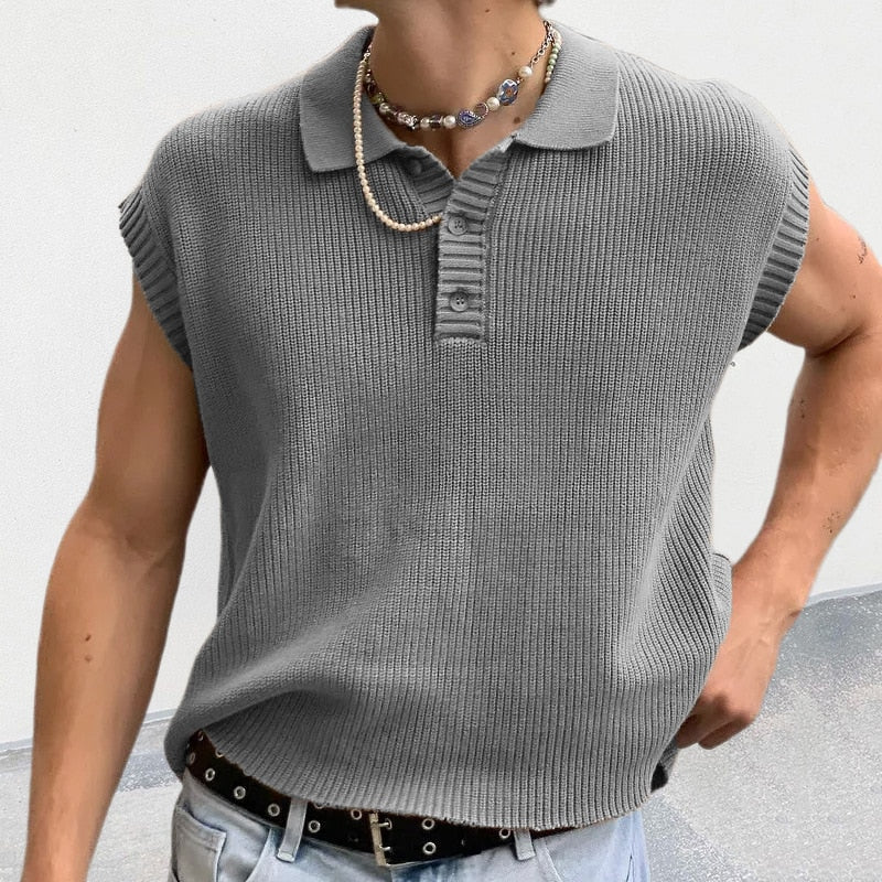 Leisure Solid Knitting Sleeveless Buttoned Tops