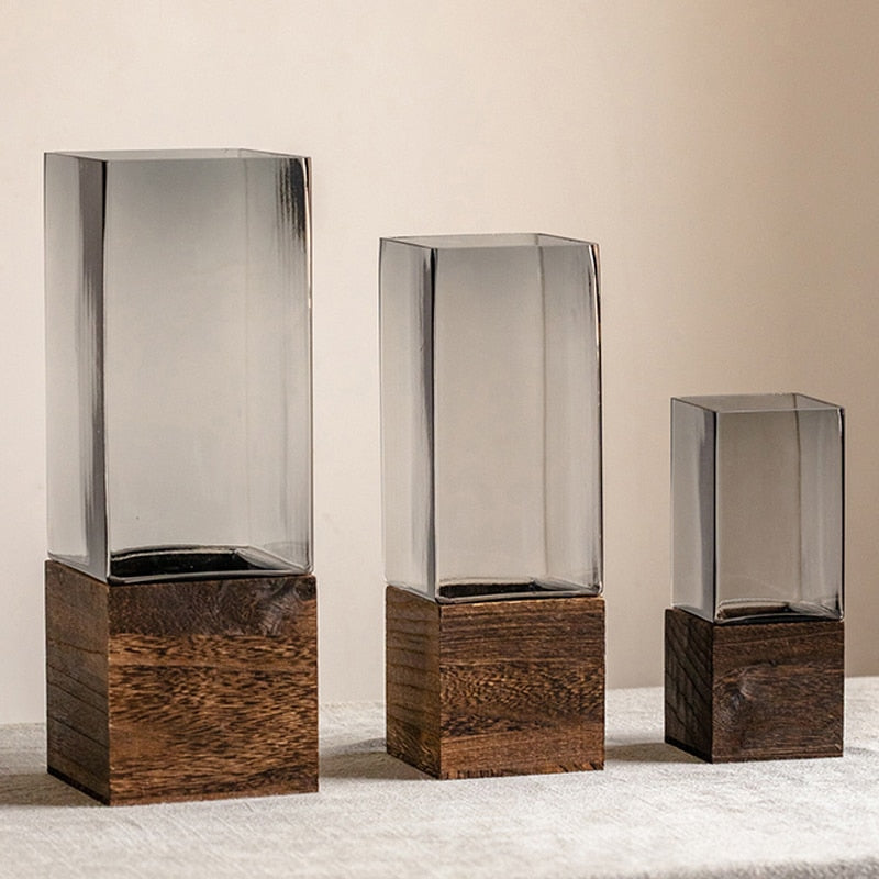Nordic Glass Vase with Wooden Base for Hydroponic Flowers - sepolia shop