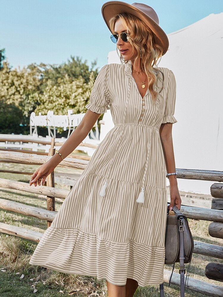 Msfilia Spring Women&#39;s  Striped Dress Causal Short Sleeve Tassel Medium Long Summer V Neck Button Dresses For Female - sepolia shop