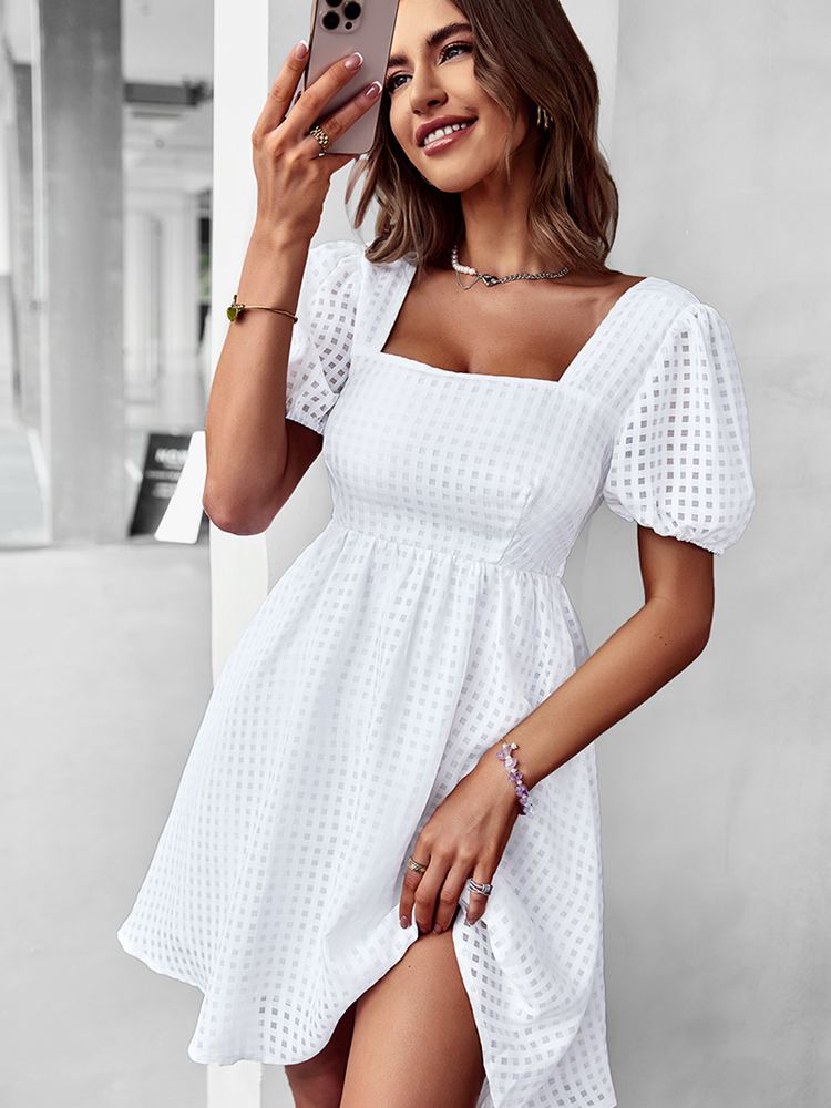 Msfilia Elegant Dress Women Summer Solid Color Square Collar Short Sleeve High Waist A Line Causal Dresses - sepolia shop