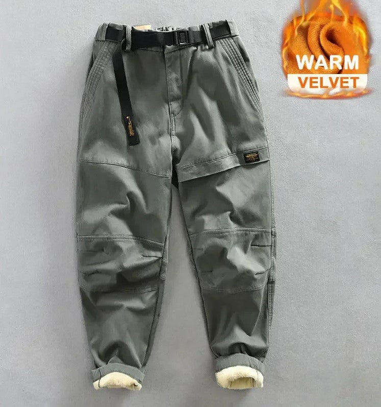 KKK New Men's Cargo Velvet Pants Loose Belt