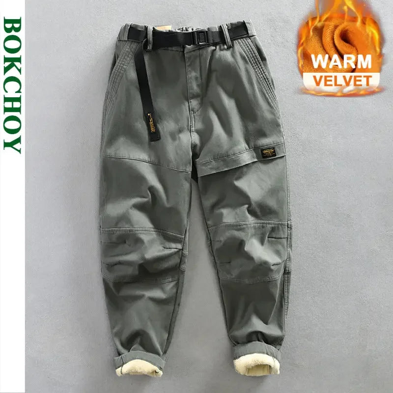 KKK New Men's Cargo Velvet Pants Loose Belt