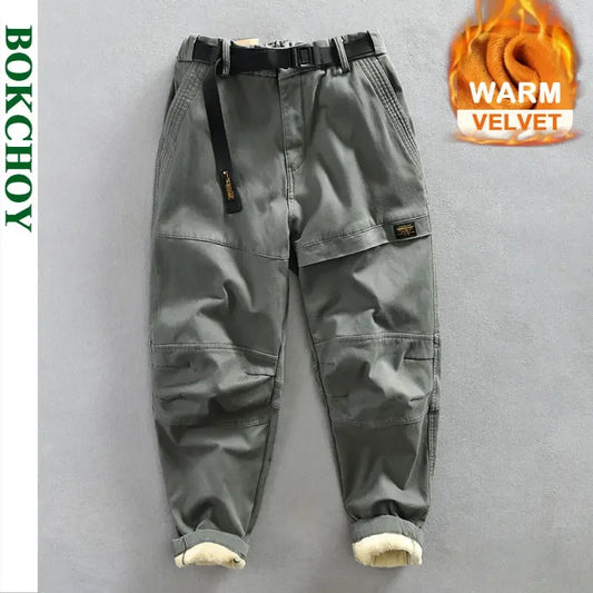 KKK New Men's Cargo Velvet Pants Loose Belt