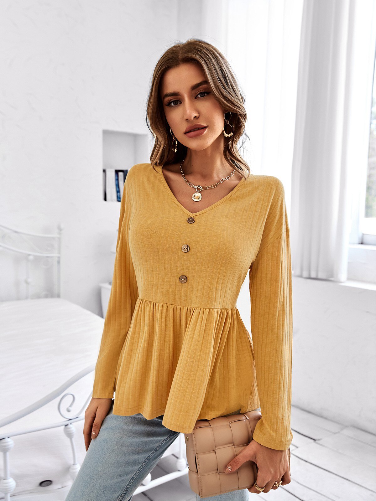 2022 New Women Autumn V Neck Solid Color Long Sleeve Simple Loose All Match Blouses Tops For Ladies Fashion - sepolia shop