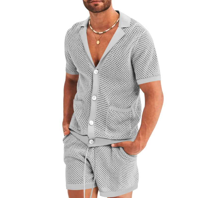 New Men's Summer Shirt Suit Casual Breathable Solid Color Short Sleeve Shirt Beach Shorts Fashion Hollow Men Mesh Set - sepolia shop