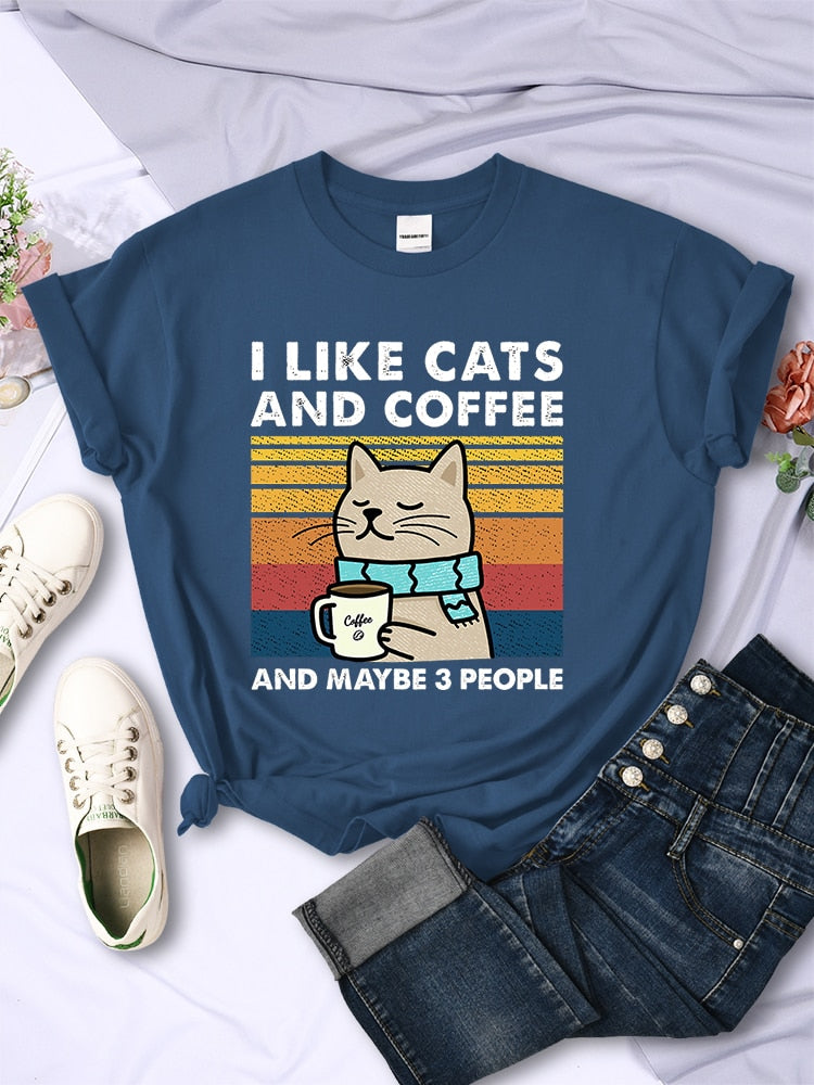 I Like Cats And Coffee Printed T Shirt - sepolia shop