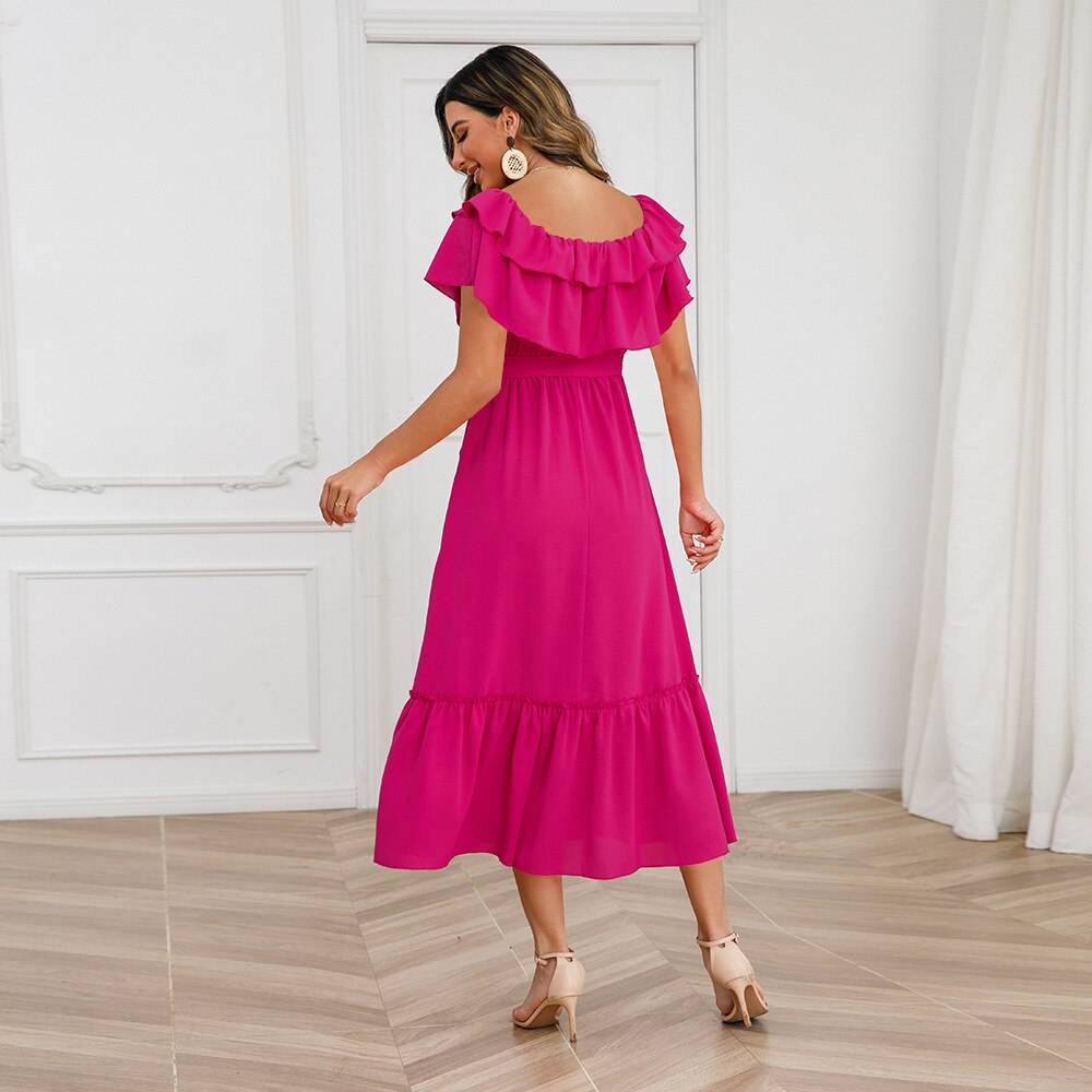 M 2023 Summer Solid Color Color Sexy One Line Neck Off Shoulder Long Dress For Women Fashion Beach Dresses - sepolia shop