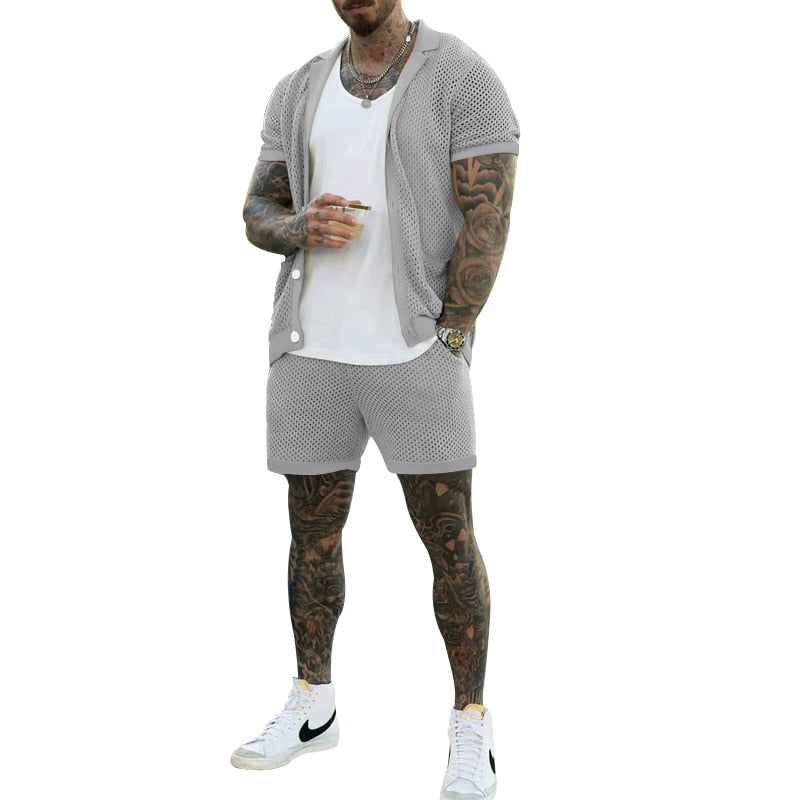 New Men's Summer Shirt Suit Casual Breathable Solid Color Short Sleeve Shirt Beach Shorts Fashion Hollow Men Mesh Set - sepolia shop
