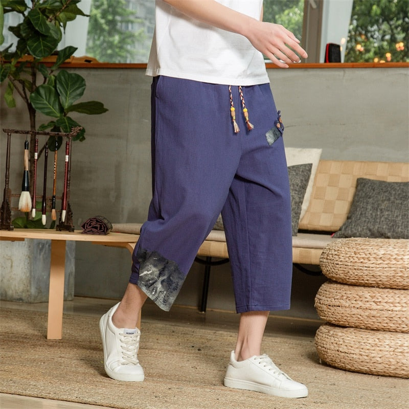 Japanese Cotton Linen Harem Pants Men Summer Breathable Linen Cropped Pants for Men Casual Elastic Waist Fitness Pants - sepolia shop