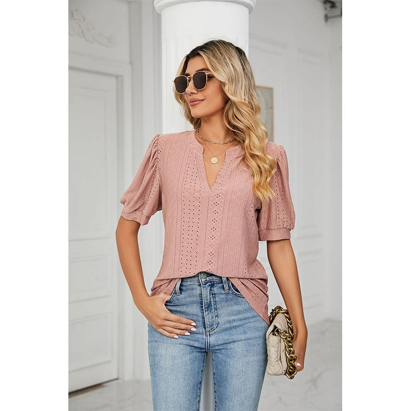 Solid Elegant V-Neck Loose Blouses For Women - sepolia shop