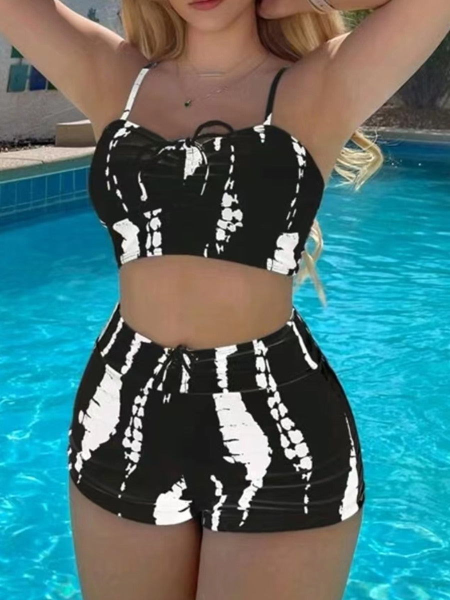 Drawstring Front Shorts High Waist Bikinis - sepolia shop