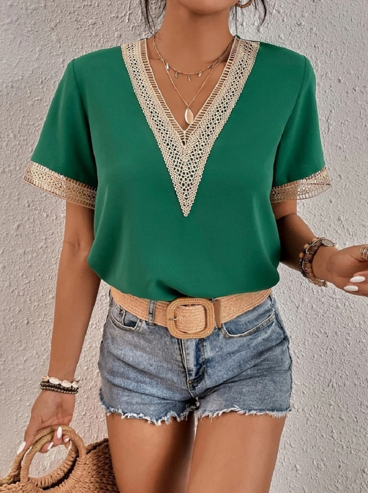 Hollow Out V-Neck Summer Blouse - sepolia shop