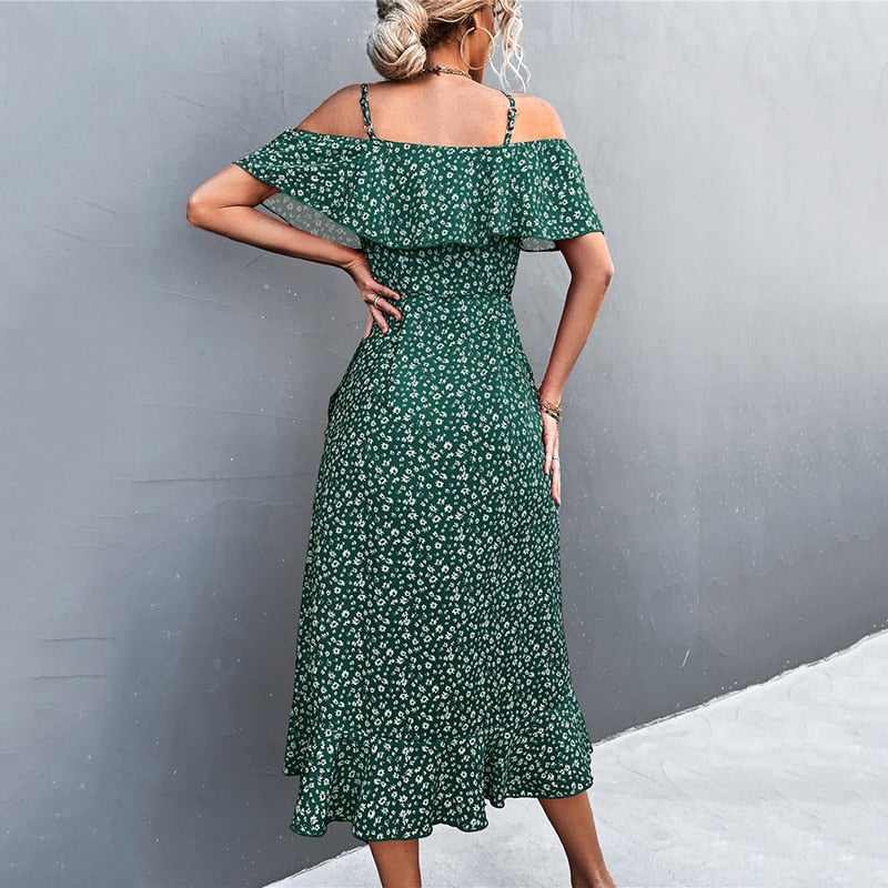 WAYOFLOVE Ladies Spring Summer Sexy Straps Dress Women Green Off Shoulder Ruffles Casual Beach Dresses Female Floral Print Dress - sepolia shop