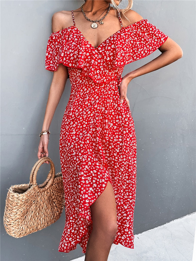 WAYOFLOVE Ladies Spring Summer Sexy Straps Dress Women Green Off Shoulder Ruffles Casual Beach Dresses Female Floral Print Dress - sepolia shop