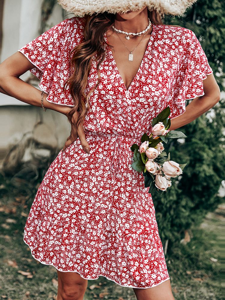 Msfilia V Neck Ruffle Sleeve Swing Floral Print Women's Dress Spring Summer Red Ladies Short Dress - sepolia shop