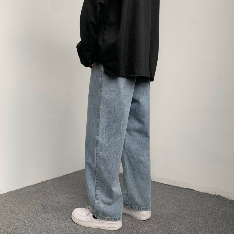 Mens Baggy Jeans Vintage Blue Drawstring Elastic Waist Wide Legs Straight Denim Pants Korean Trousers Casual Male Clothing - sepolia shop