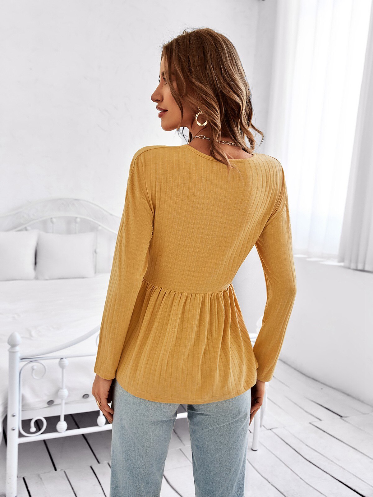 2022 New Women Autumn V Neck Solid Color Long Sleeve Simple Loose All Match Blouses Tops For Ladies Fashion - sepolia shop