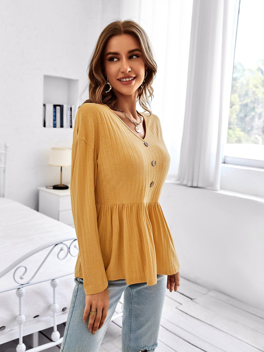 2022 New Women Autumn V Neck Solid Color Long Sleeve Simple Loose All Match Blouses Tops For Ladies Fashion - sepolia shop
