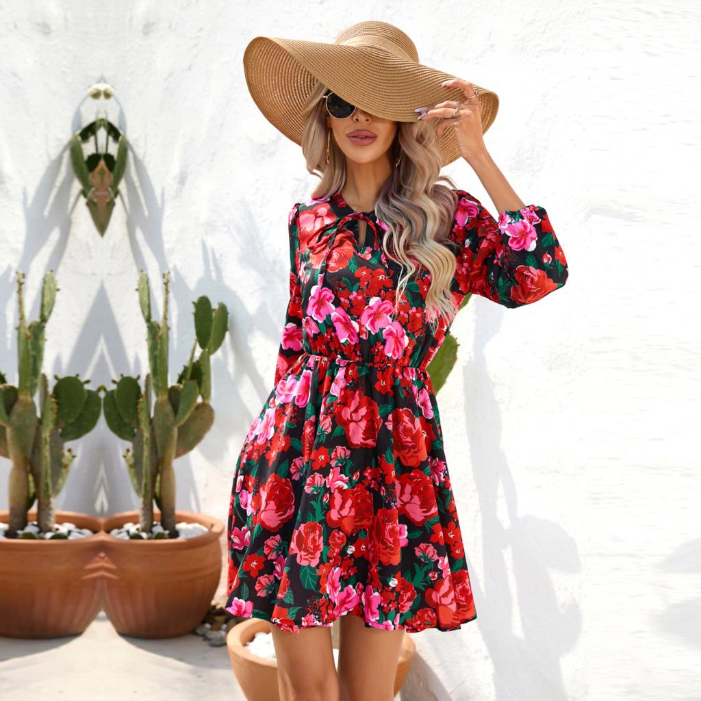 M 2023 New Women Summer Flower Print V Neck Lace Up Long Sleeve Dress For Ladies Fashion All Match Chic Dresses - sepolia shop