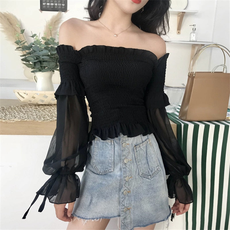 Long Sleeve Off Shoulder Cropped Top - sepolia shop