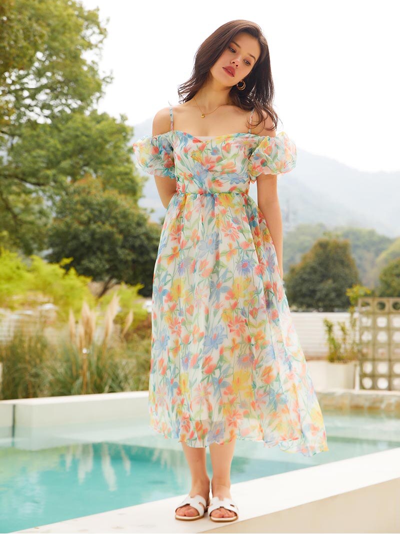 Spring Floral Chiffon Slip  Backless Dress - sepolia shop