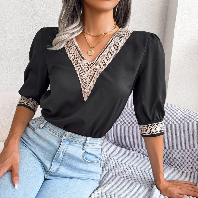 Women Elegant Shirts Lace V-neck - sepolia shop