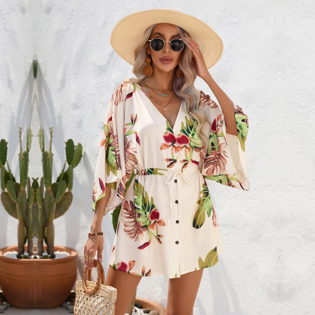 M 2023 New Women V Neck Summer Leaf Print Short Sleeve Dress Single Breasted Drawstring Loose Dresses - sepolia shop