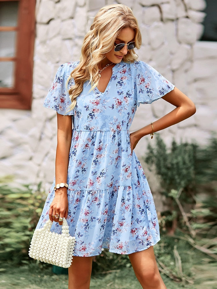 Msfilia Fashion Floral Dress Women Spring Autumn V Neck Short Sleeve Loose Chic Printed Dresses - sepolia shop