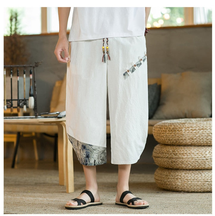 Japanese Cotton Linen Harem Pants Men Summer Breathable Linen Cropped Pants for Men Casual Elastic Waist Fitness Pants - sepolia shop