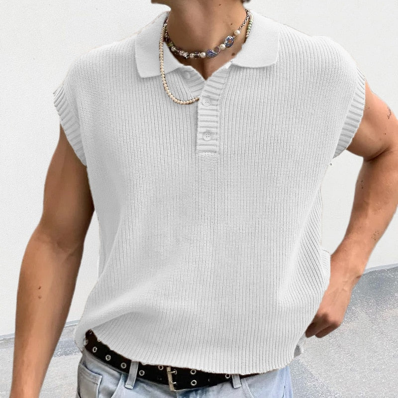 Leisure Solid Knitting Sleeveless Buttoned Tops