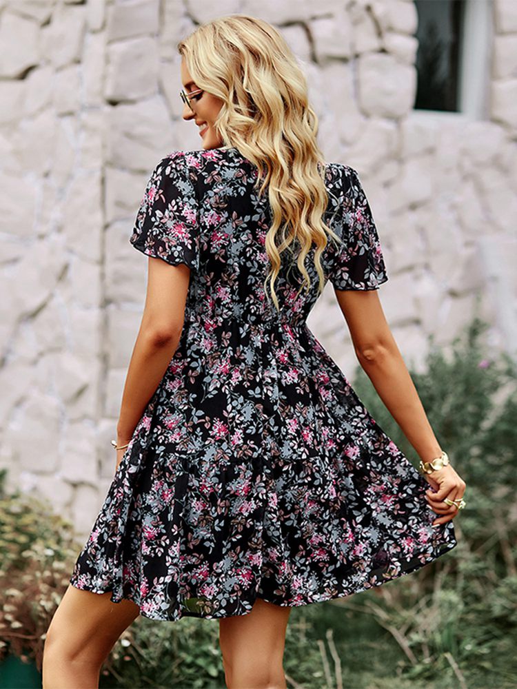 Msfilia Fashion Floral Dress Women Spring Autumn V Neck Short Sleeve Loose Chic Printed Dresses - sepolia shop