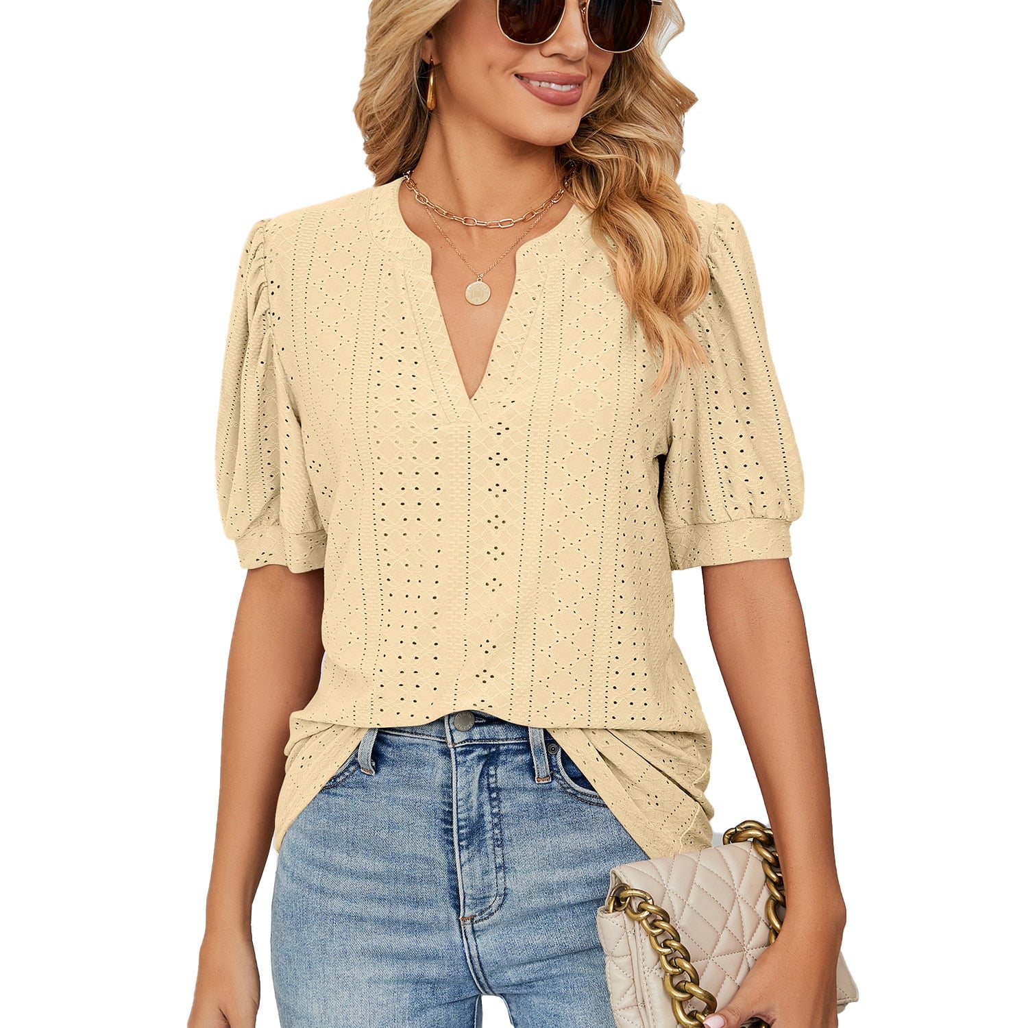 Solid Elegant V-Neck Loose Blouses For Women - sepolia shop