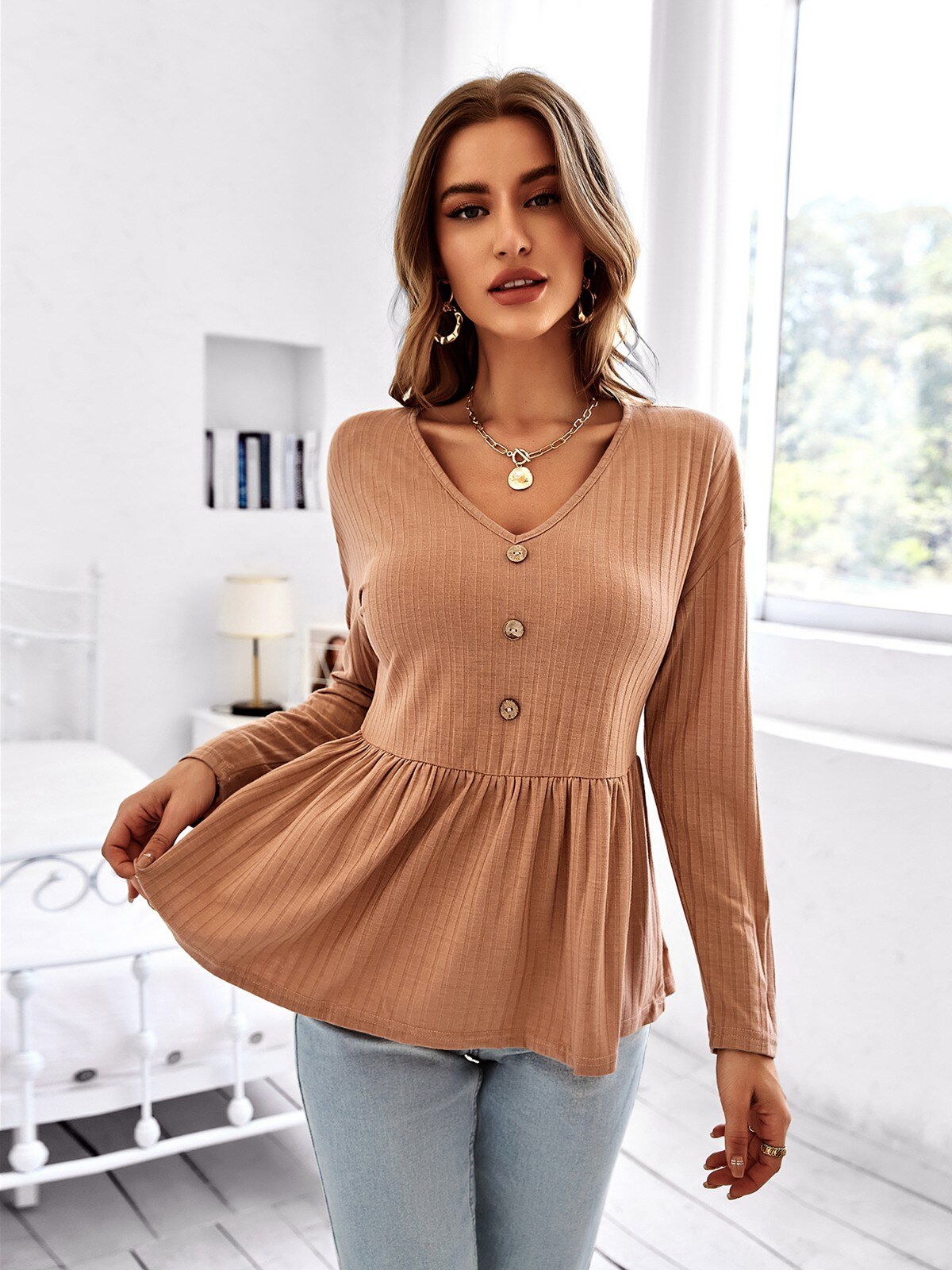 2022 New Women Autumn V Neck Solid Color Long Sleeve Simple Loose All Match Blouses Tops For Ladies Fashion - sepolia shop